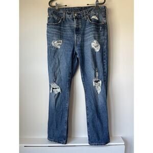 Levis 501 Jeans Mens 32X30 Blue Light Wash Distressed Cotton Heavy Straight Leg‍